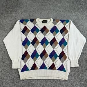 VINTAGE Kipling Sweater Mens XL Beige Argyle Trader Vic's Cotton Pullover 80s